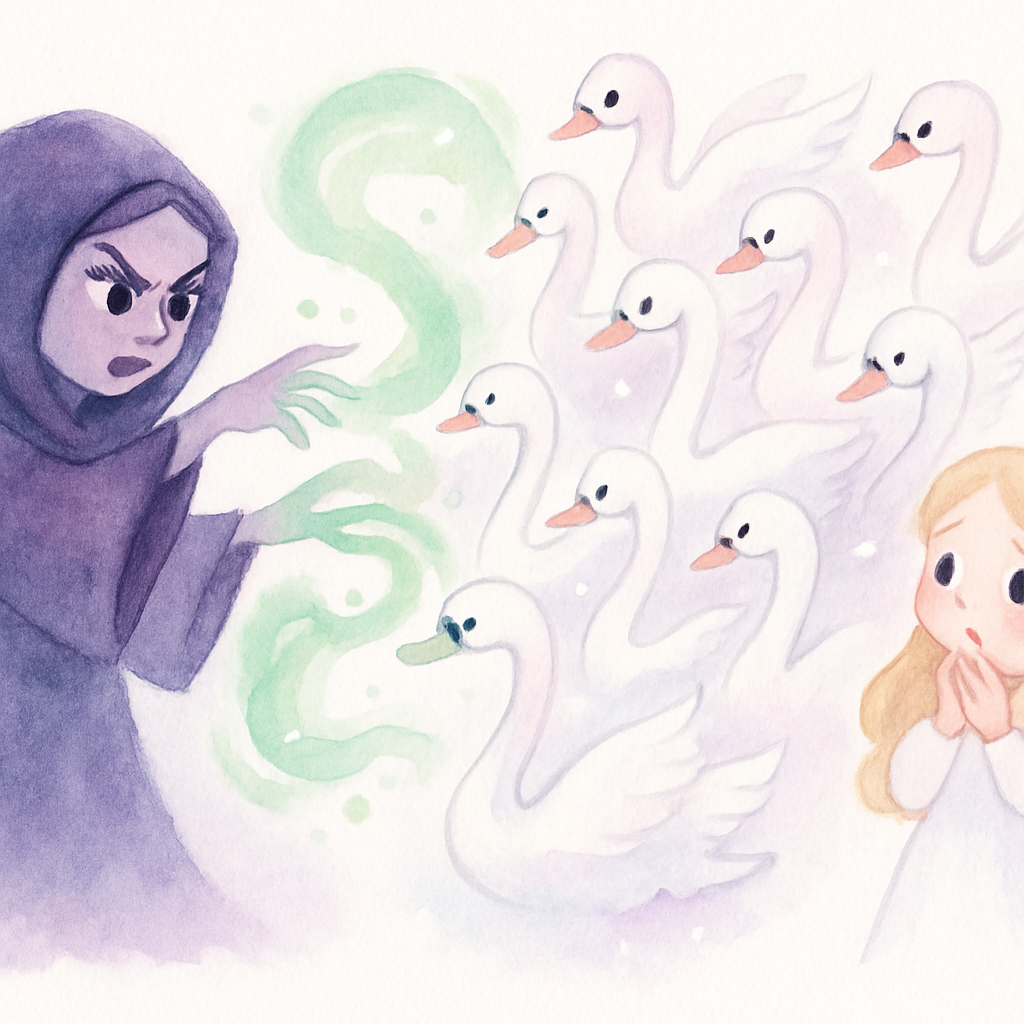 나쁜 마법사 아줌마가 마법을 걸어 열한 명의 왕자들이 하얀 백조로 변하는 장면